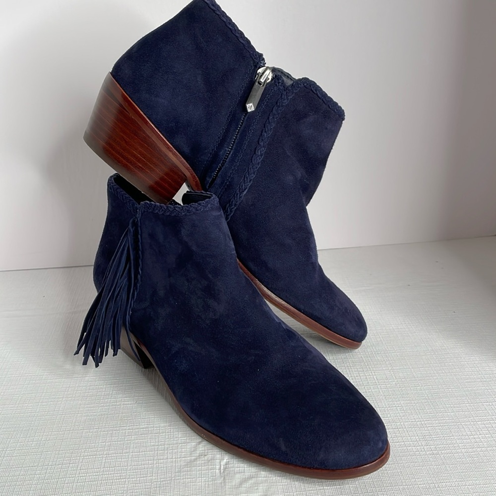 SAM EDELMAN Boots Paige Booties, Leather Suede Navy Blue, Tassels Ankle Boots